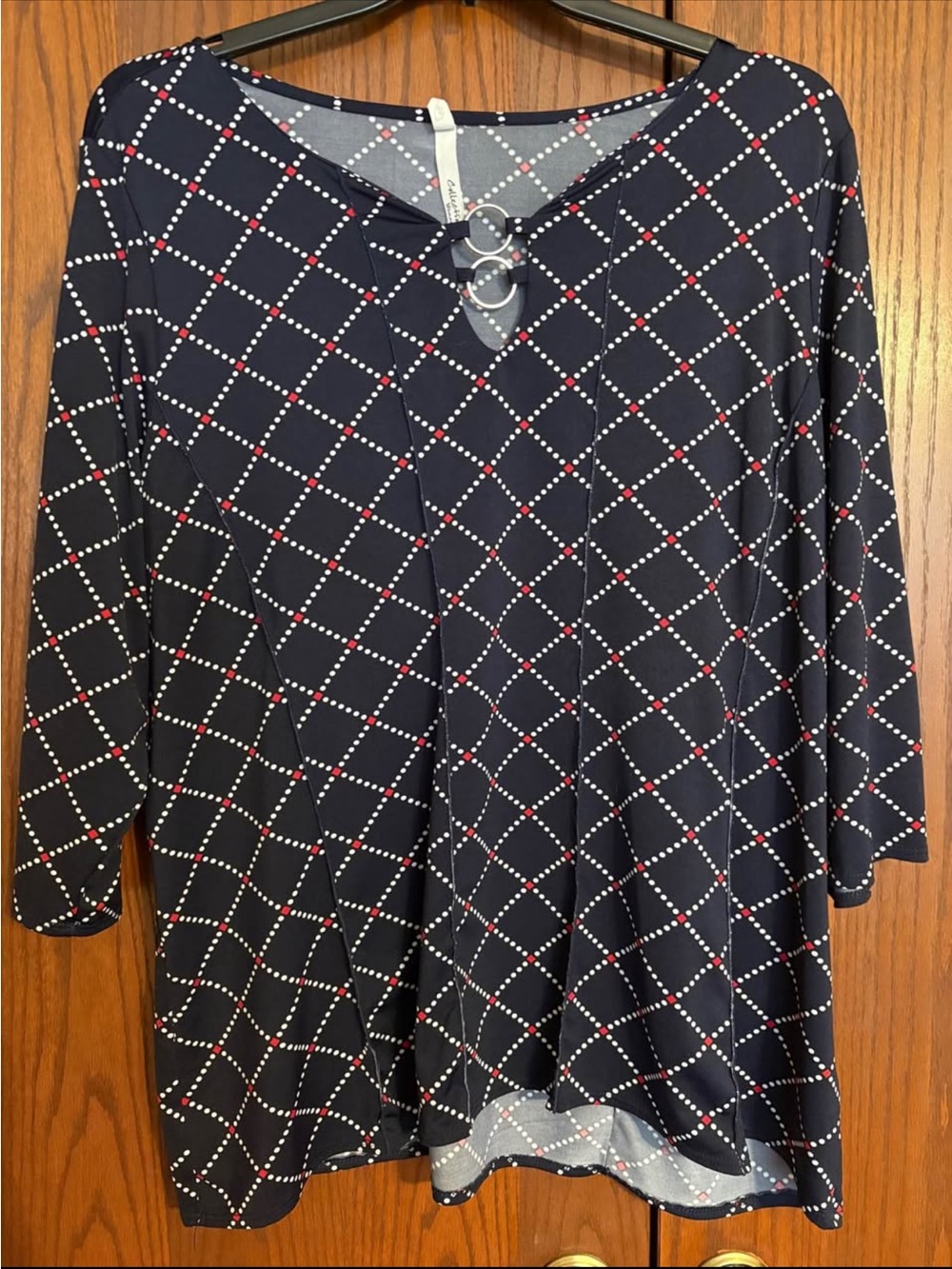 Women's Navy Diamond-Grid Ring-Accent Tunic Top